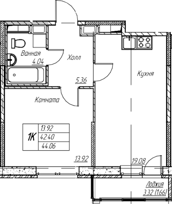 1-комнатная квартира 44.06 м², 17/22 эт., ЖК «Парк-квартал Юнтолово»